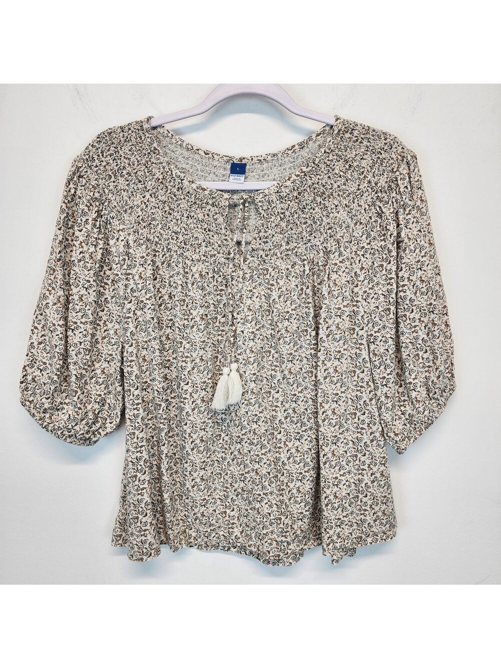 Old Navy Womens Ditsy Peasant Top Blouse Size L Smocked Puff Sleeve Cotton Rayon